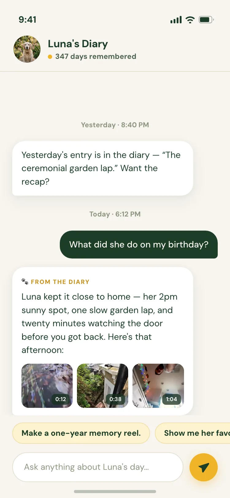 Pawcast app — chatting with the AI about Luna's day, with clip thumbnails and suggestions