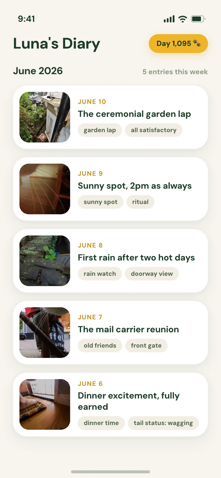 Pawcast app — Luna's Diary after 3 years, a full week of logged entries with photos and tags