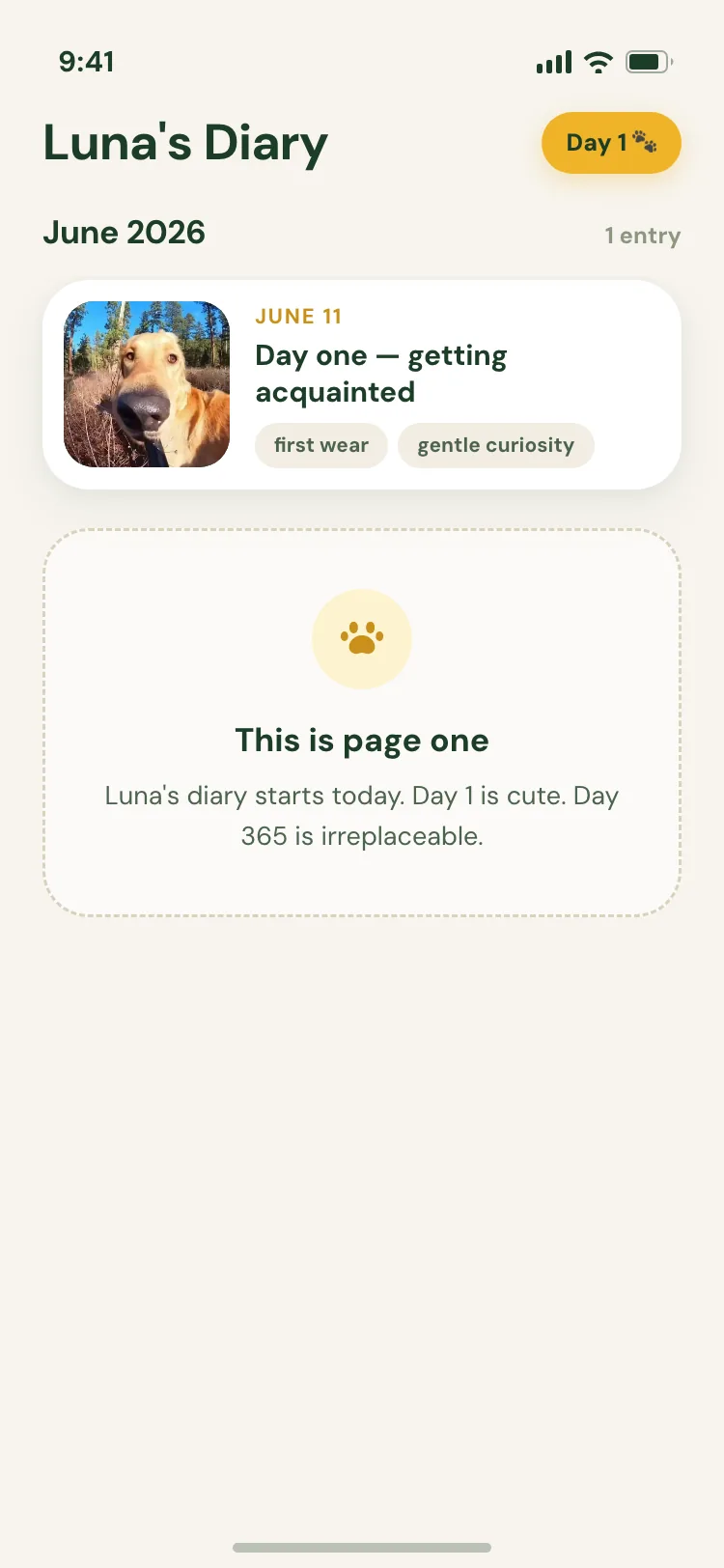 Pawcast app — Luna's Diary on day one, first entry logged with an empty state below