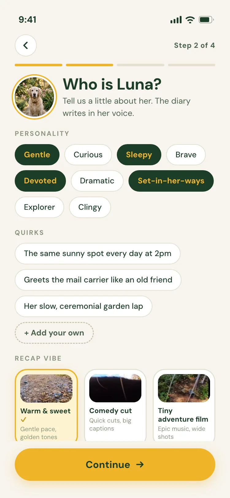 Pawcast app — personality setup screen for Luna's profile