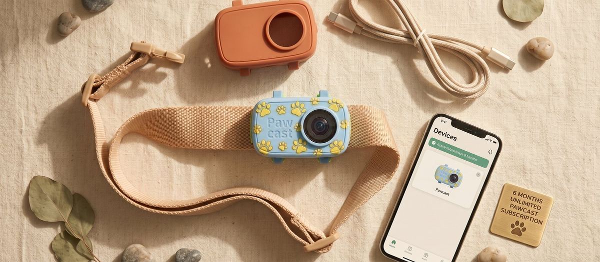 Starter Kit flat lay — Pawcast camera, silicone cover, USB-C cable and 6-month subscription card arranged on linen
