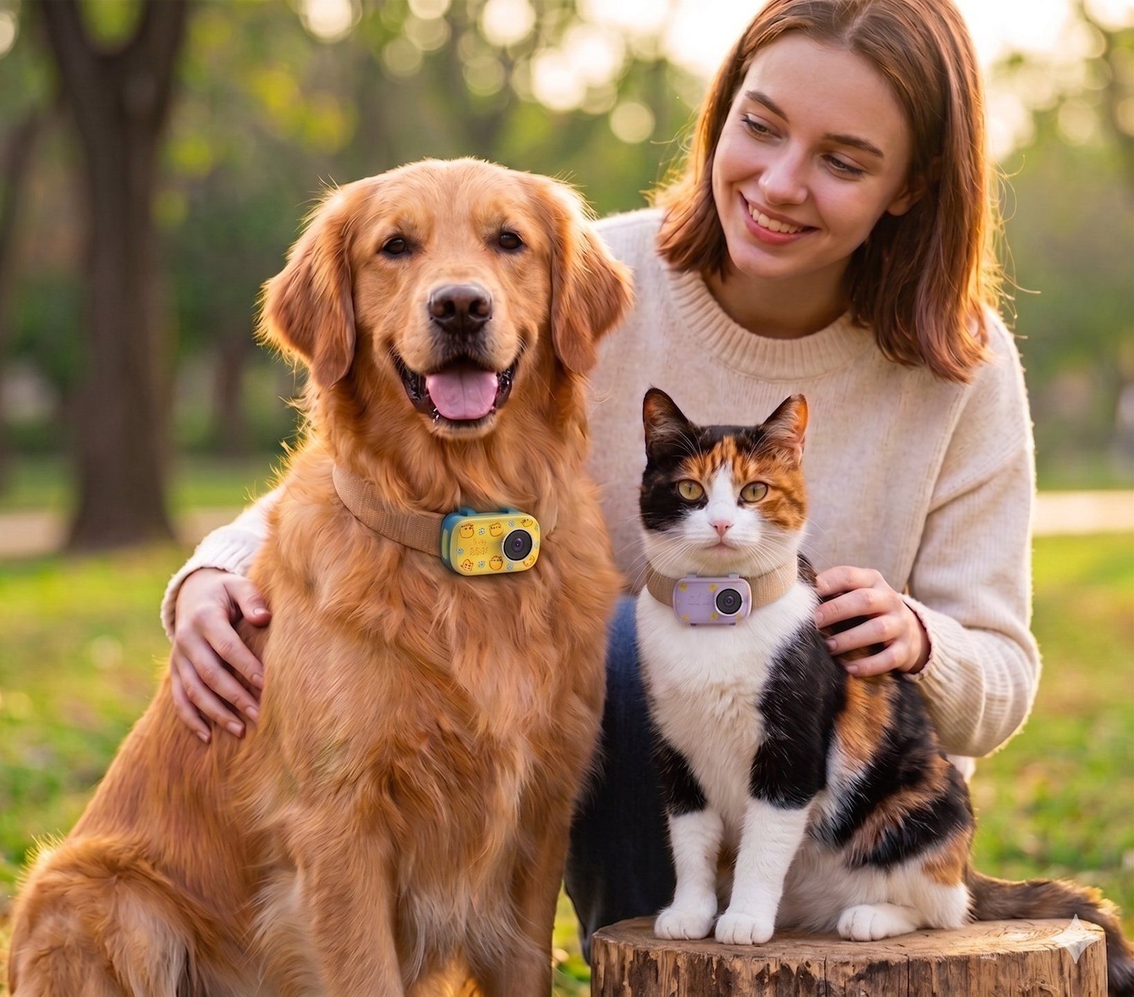 Dog and cat both wearing Pawcast cameras with their owner in a park at golden hour