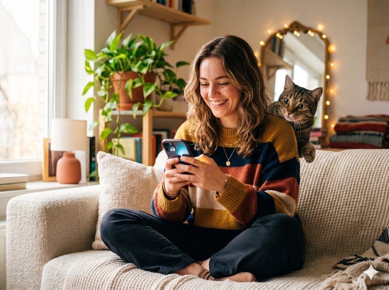 Young woman on couch smiling at her phone, creator aesthetic