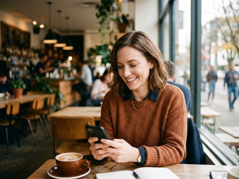 Woman in café checking her phone, seeing her dog's walk recap