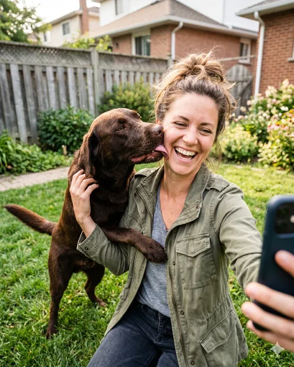 Lisa in the garden with her chocolate Lab jumping up at her