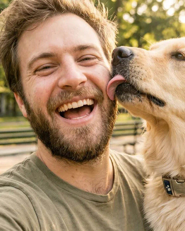 Sam and his golden retriever, mid-lick, in the park
